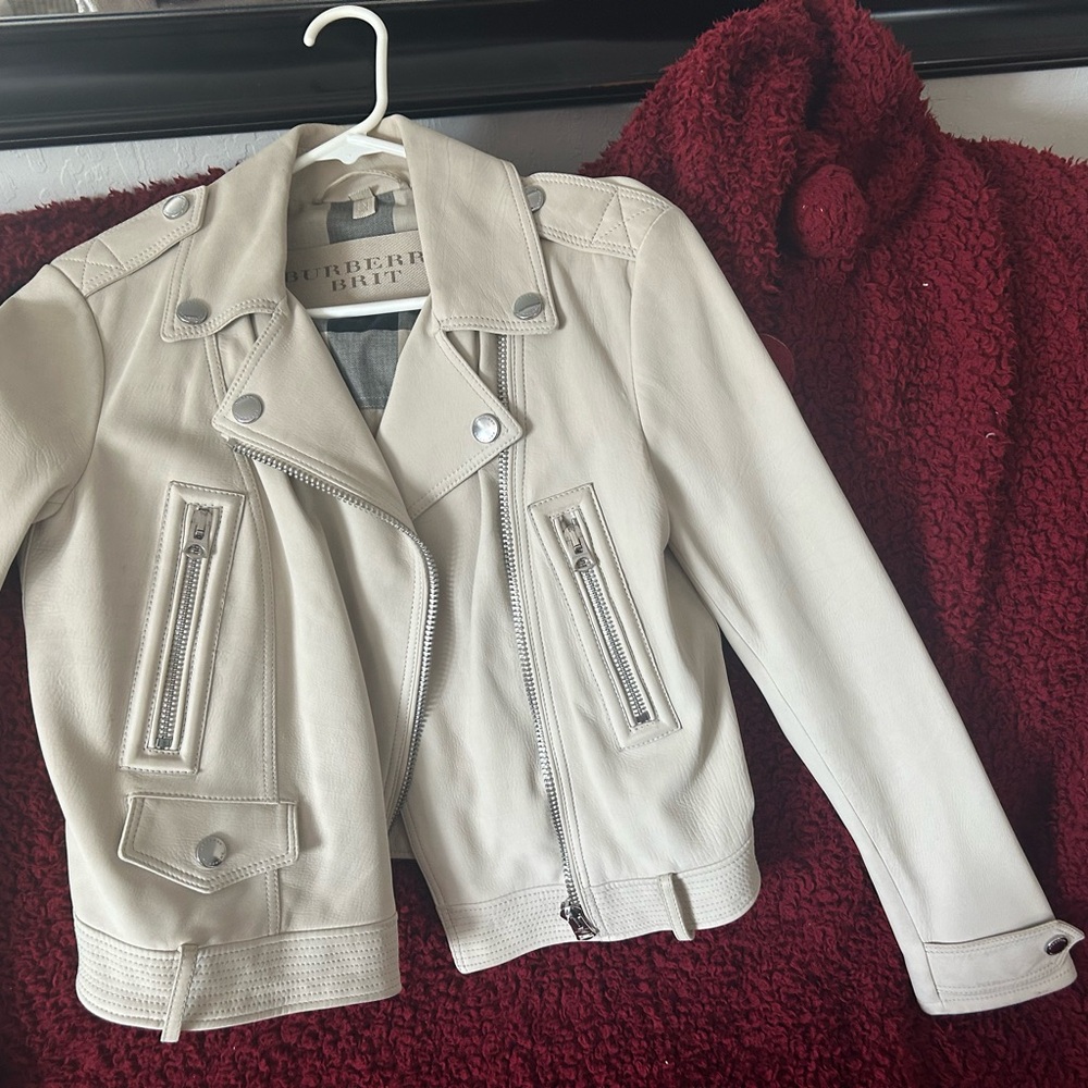 Burberry White Leather Moto Jacket with Asymmetrical Zipper